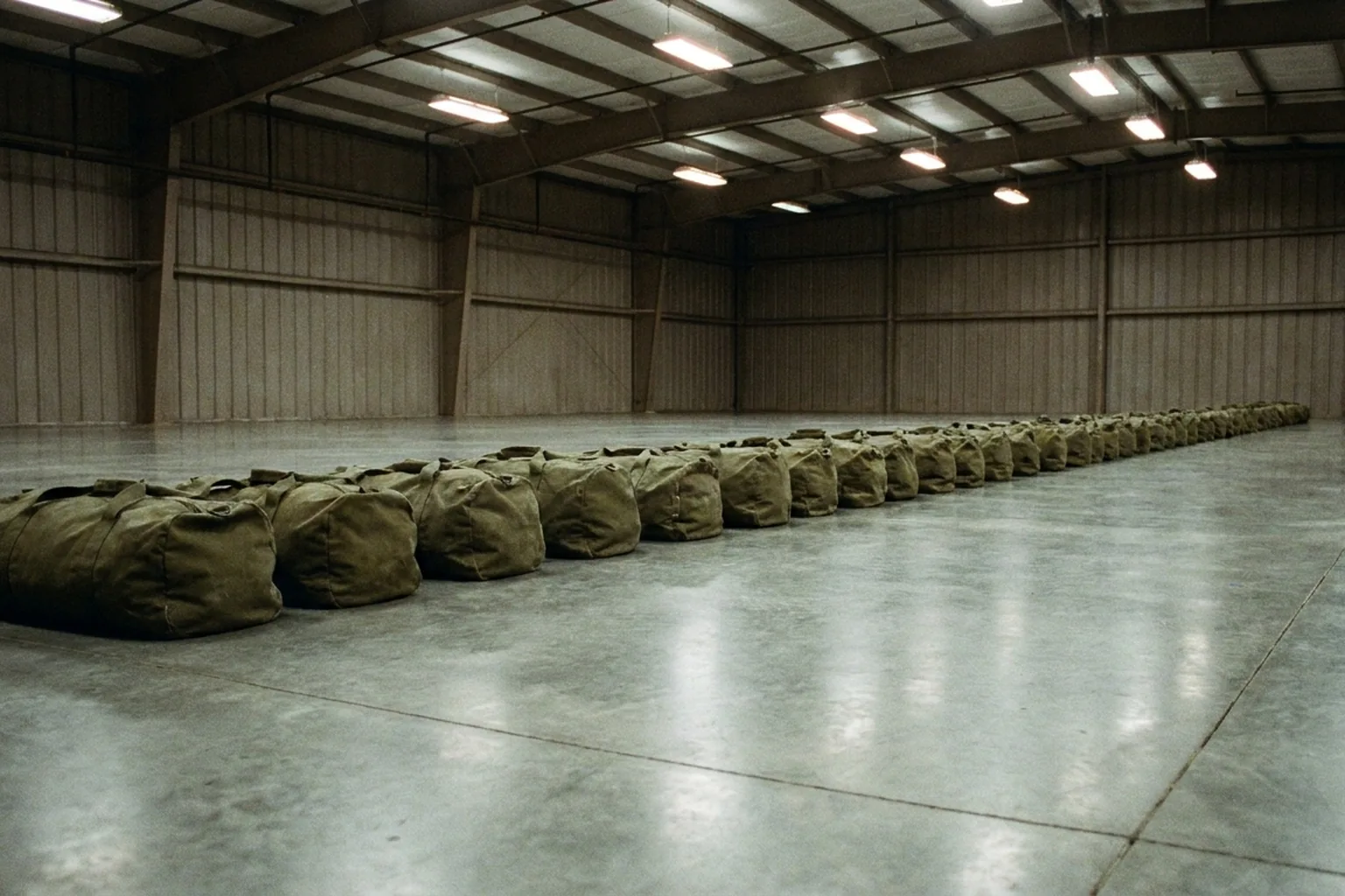 A continuous line of olive green duffel bags on a glossy concrete floor inside a vast industrial building (AI-generated image)