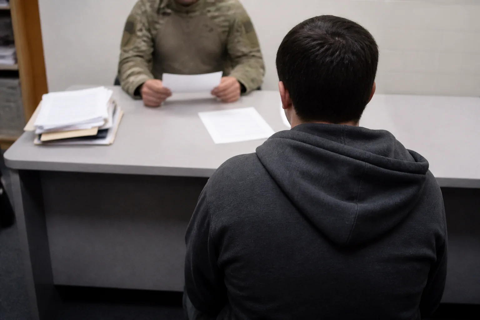 A young civilian in plain clothes sitting across a plain desk from a uniformed figure, paperwork between them (AI-generated image)
