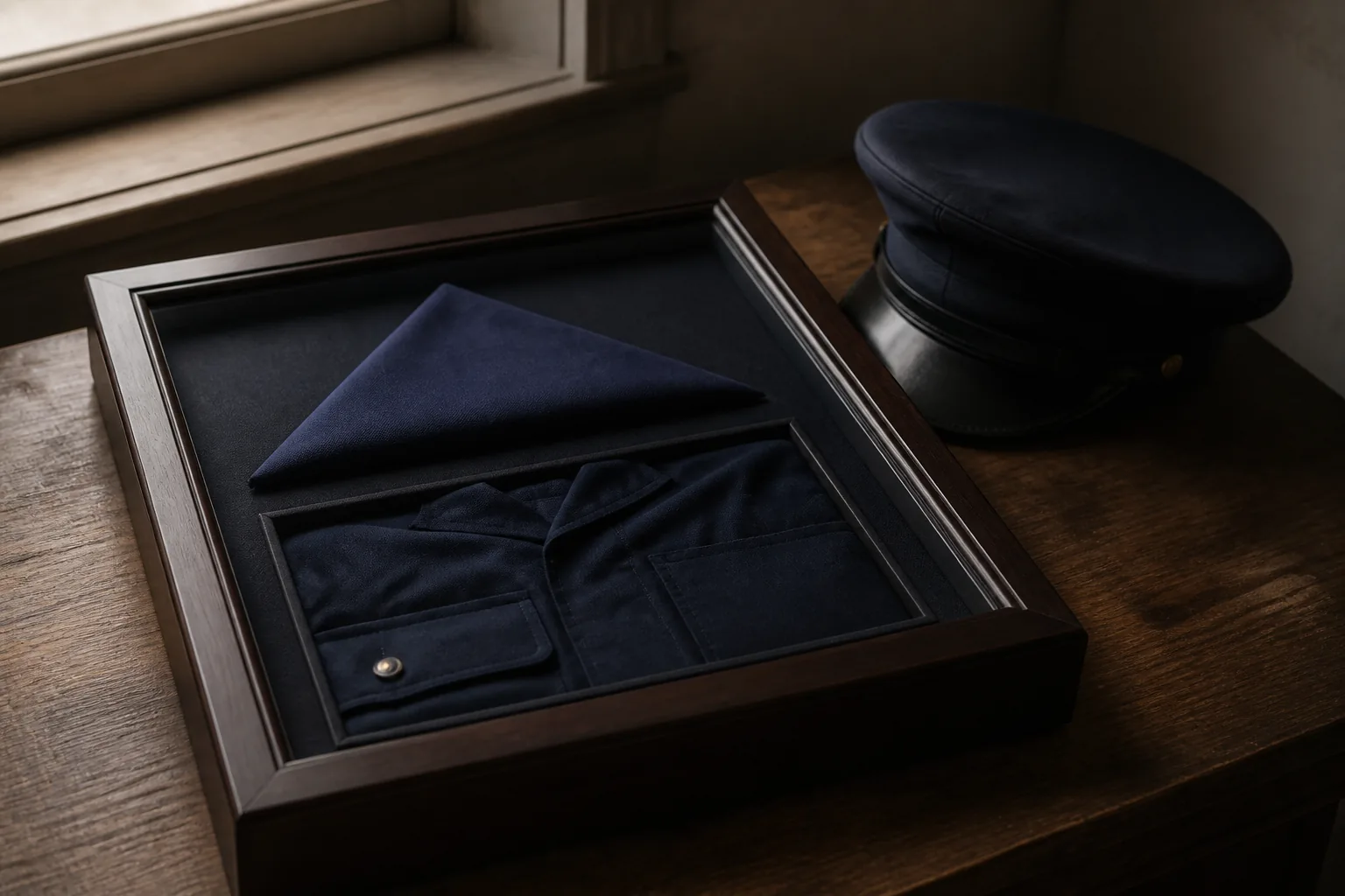 A shadow box frame on a wooden table with folded uniform fabric and a service cap beside it (AI-generated image)