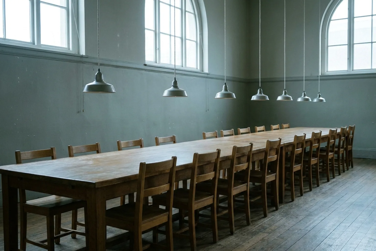 A long wooden table and chairs arranged under suspended lights in a grey room with arched windows and wood floor (AI-generated image)