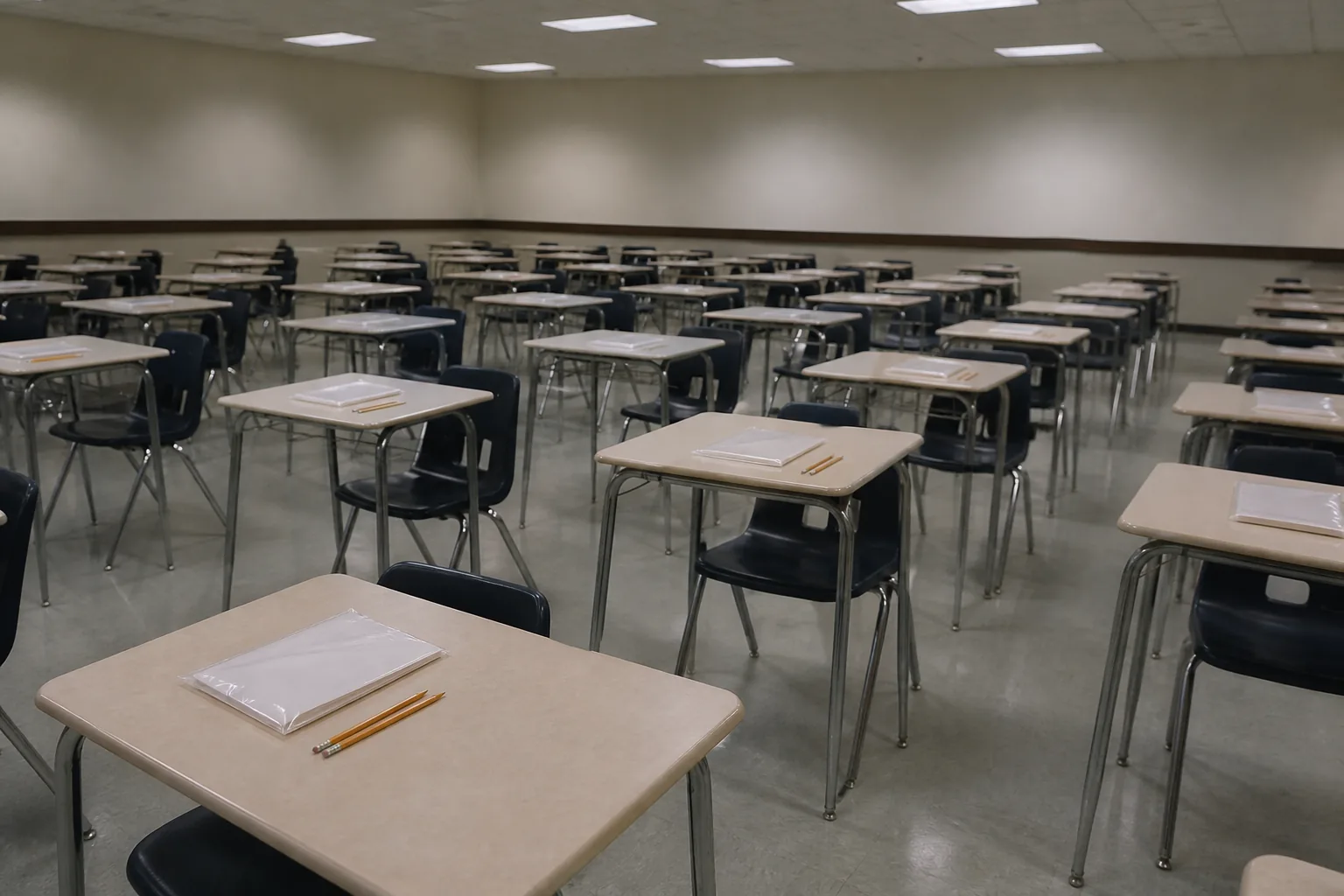 A testing room of separated desks, each with a sealed booklet and two pencils, the chairs empty (AI-generated image)