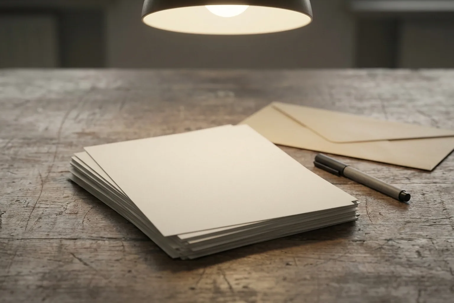 Stack of white paper, brown envelope, and black pen arranged on a worn wooden table (AI-generated image)