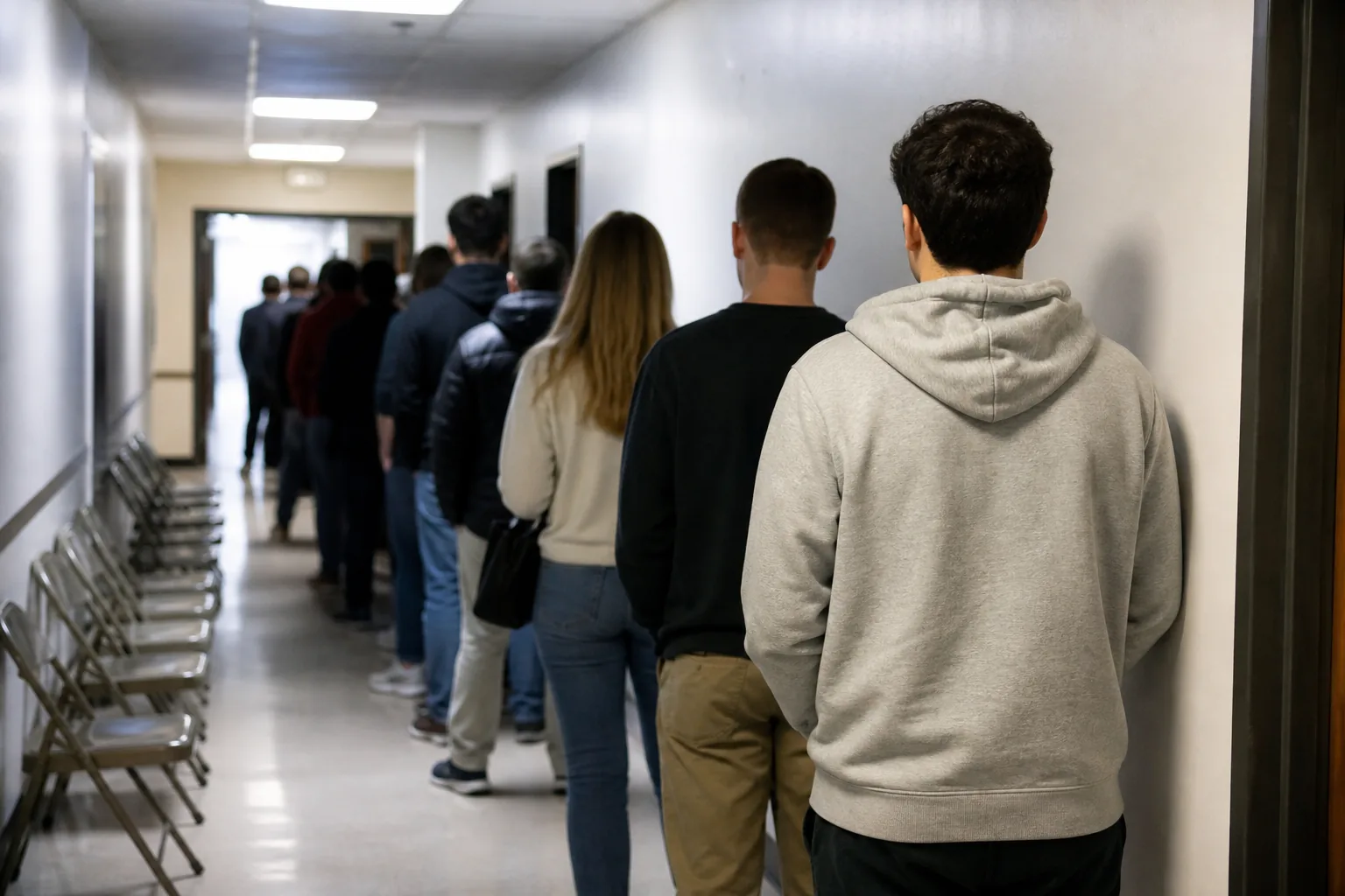 A queue of young civilians in plain clothes waiting along a corridor of a plain government building (AI-generated image)