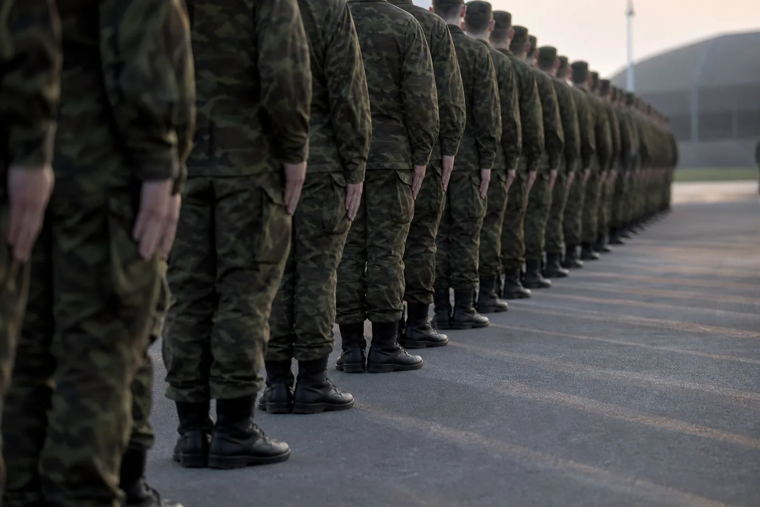 Soldiers standing in ranks at attention on a parade ground at early morning, long shadows down the line (AI-generated image)