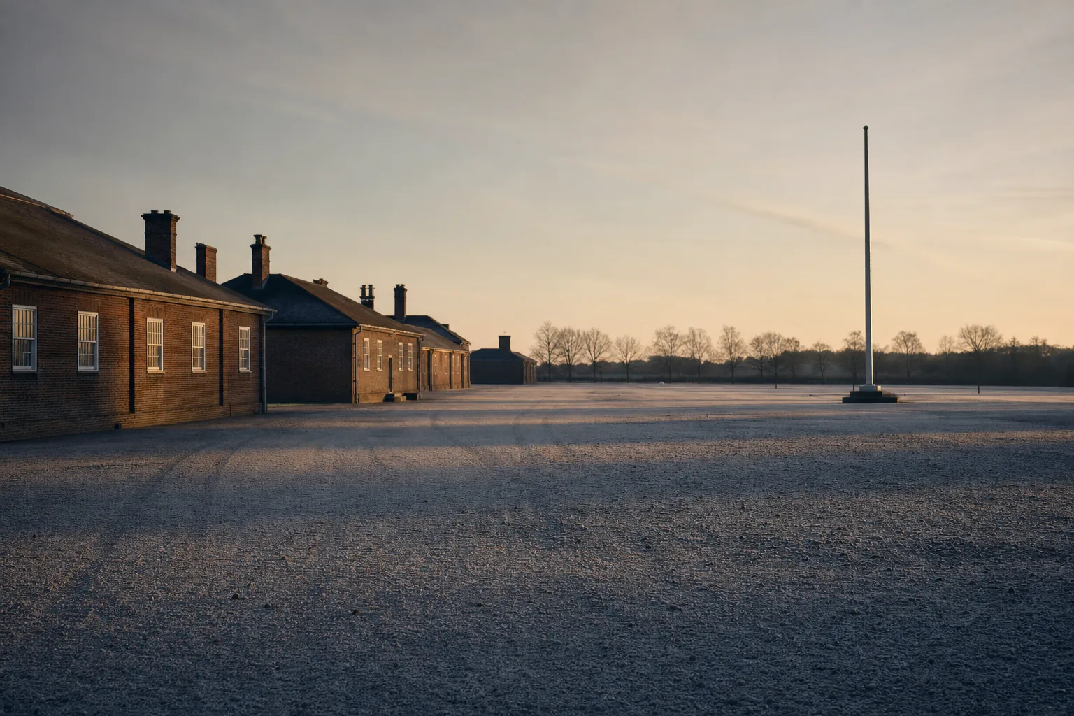 A wide empty parade ground at first light, a bare flagpole at one end and low brick buildings along one side (AI-generated image)