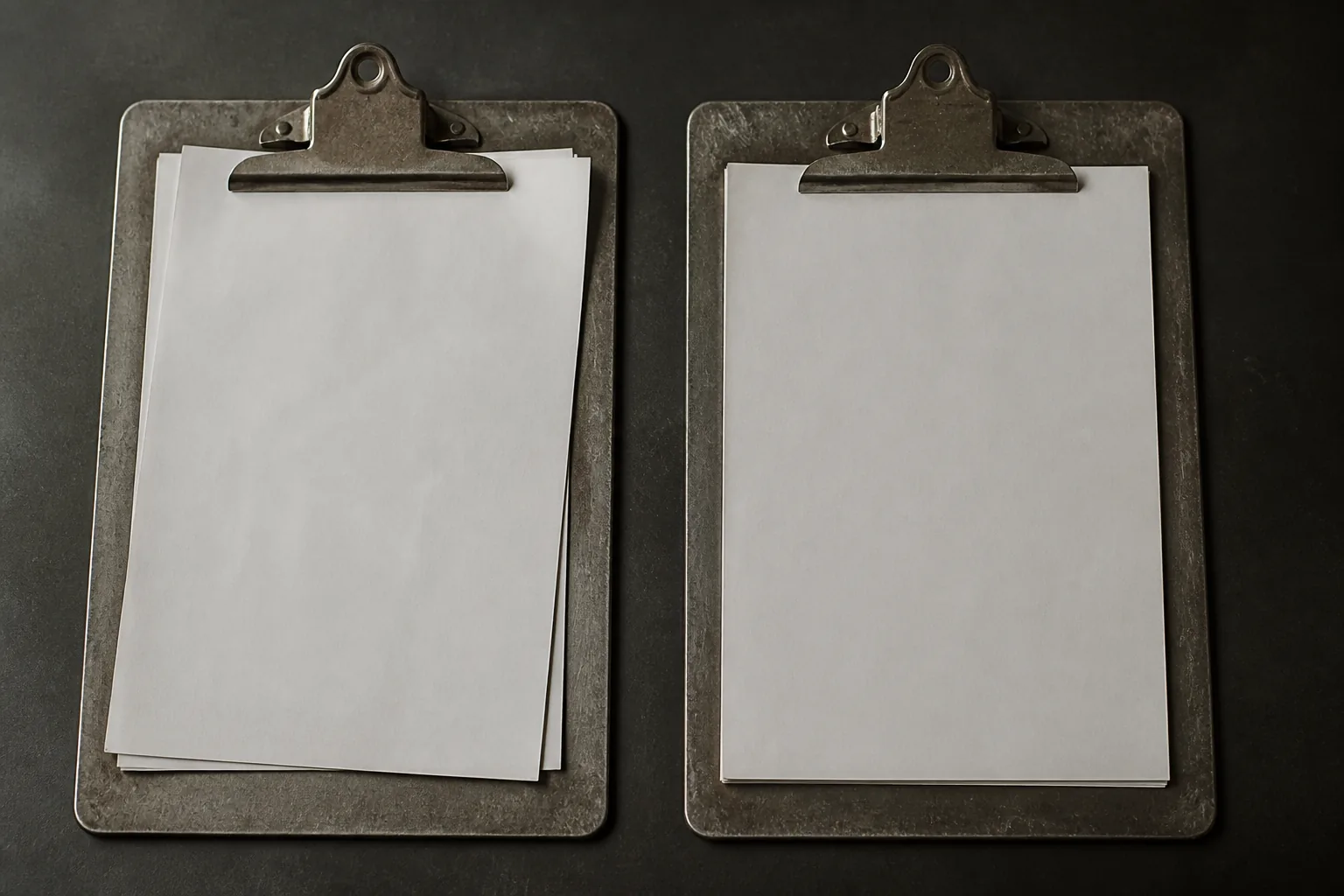 Two identical worn metal clipboards lying side by side on a dark table under even light (AI-generated image)
