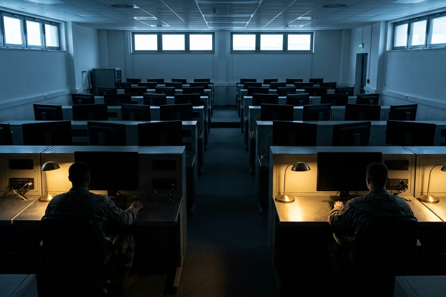Two people in camouflage uniforms working at warmly lit computer desks in a dim, blue-lit room filled with empty workstations (AI-generated image)