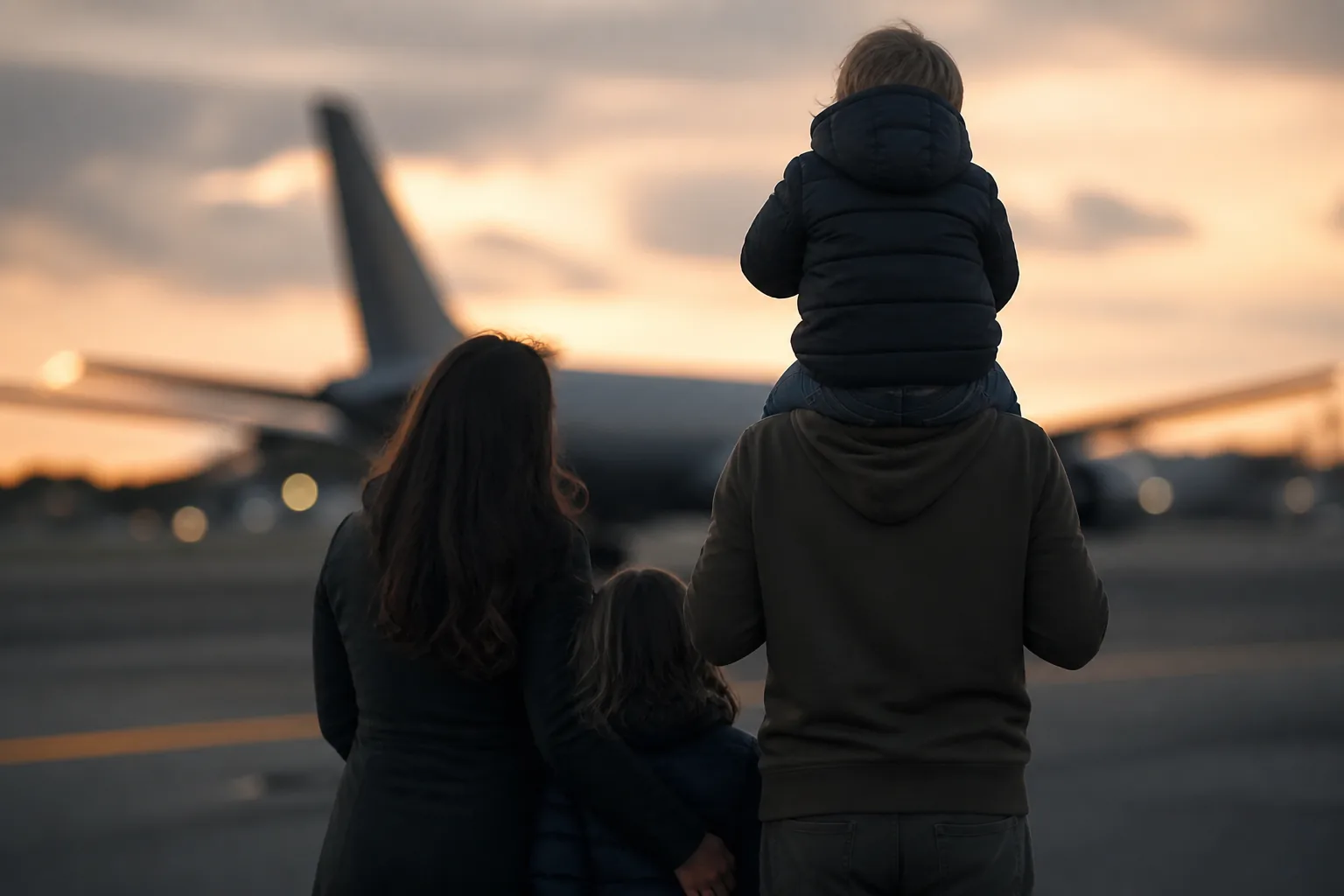 A family waiting on an airfield apron at dusk, seen from behind, a child on a parent’s shoulders (AI-generated image)
