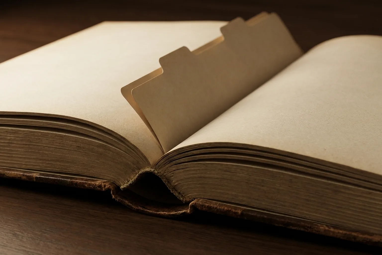 An aged book open to blank tan pages with multiple blank index tabs on a dark wooden surface (AI-generated image)