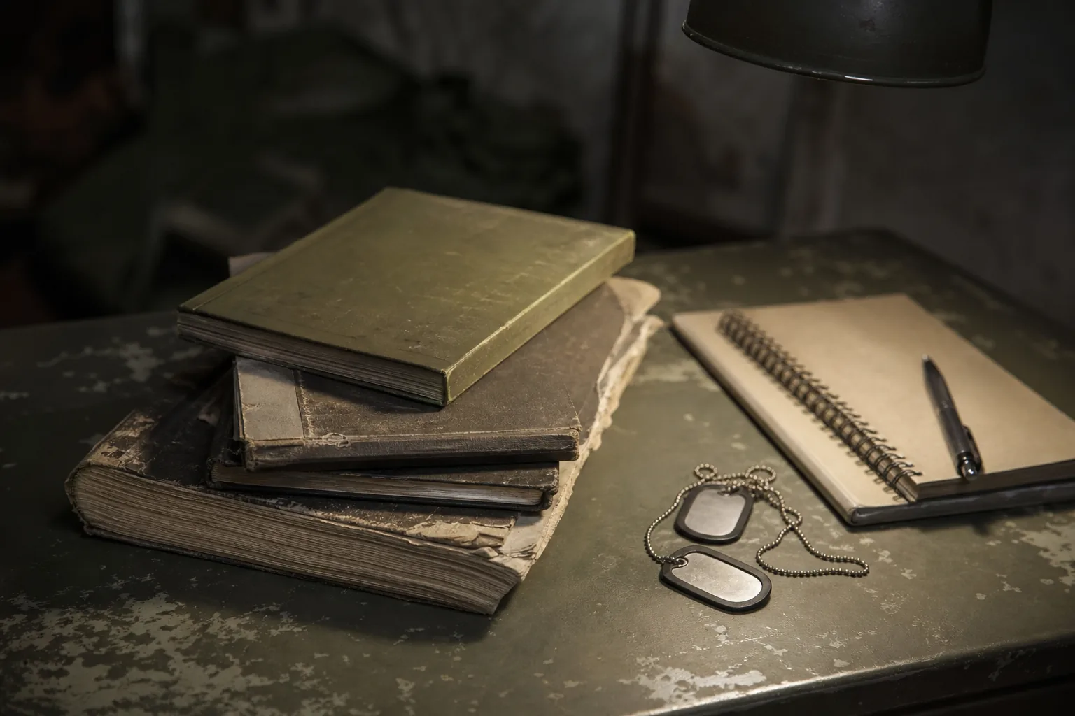A stack of worn military field manuals and a notebook on a scuffed metal desk under an overhead lamp (AI-generated image)