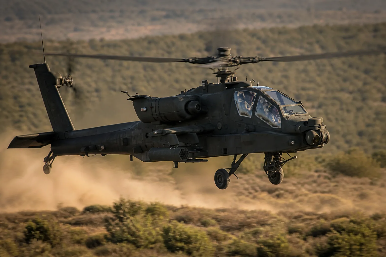 An attack helicopter flying low and fast over scrubland, dust trailing behind it in late afternoon light (AI-generated image)