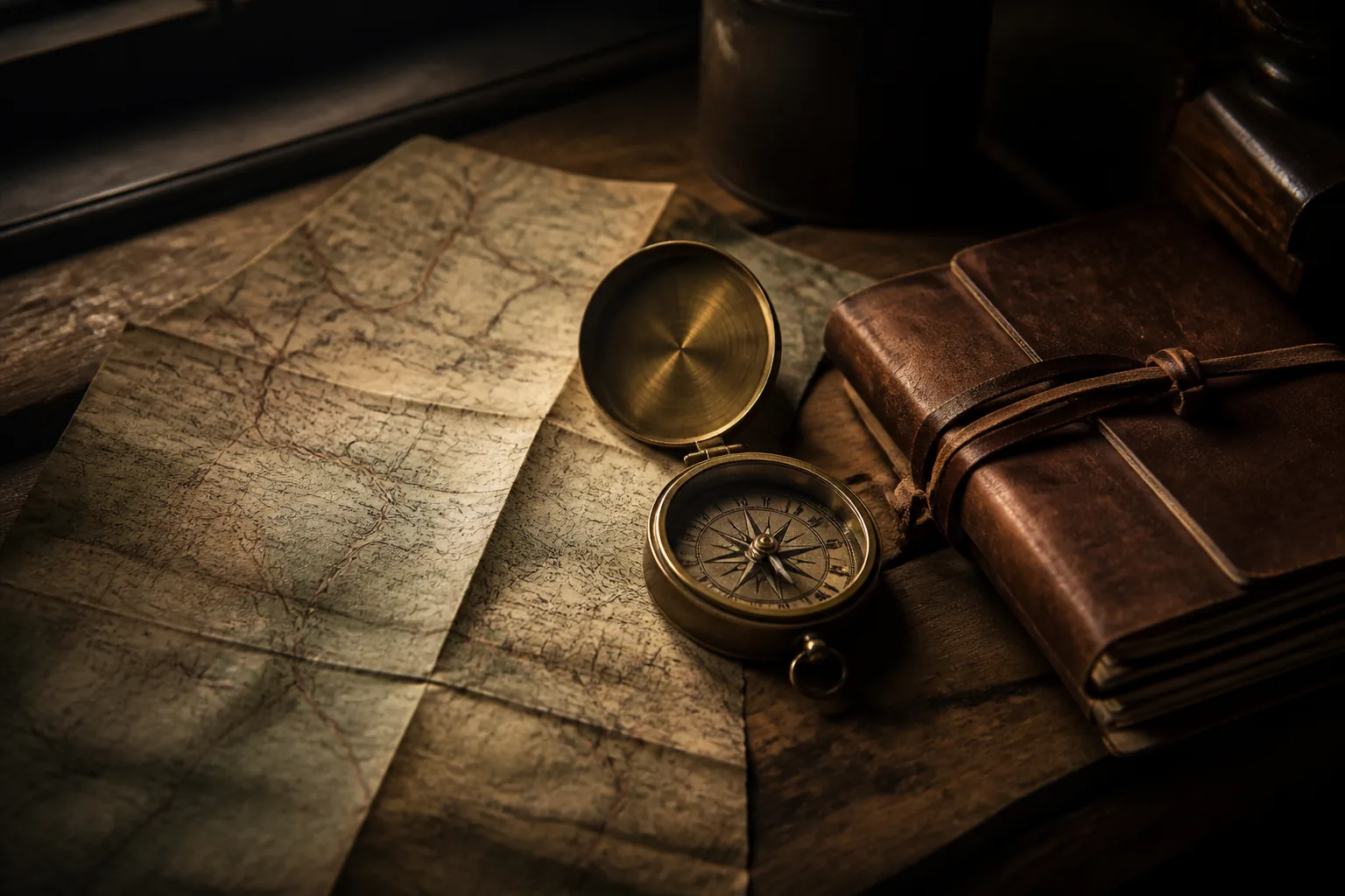 A folded worn military map, a brass compass and a leather field notebook on a dark wooden table (AI-generated image)