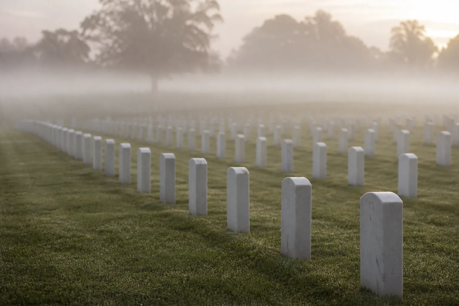 Long rows of plain white military headstones on mown grass at dawn, fading into mist (AI-generated image)