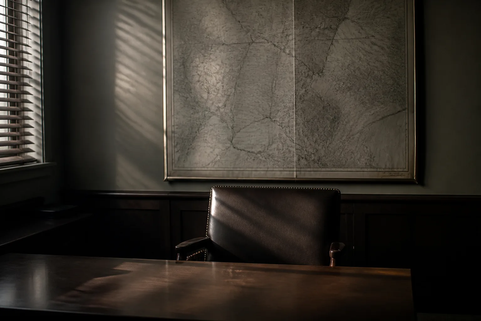 An empty commander's office: a plain desk, a chair pushed back, a map on the wall behind (AI-generated image)