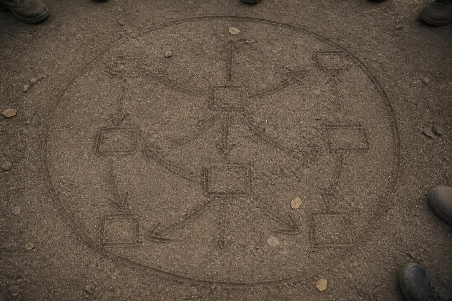 A squad briefing circle drawn in the dirt with a stick, arrows and boxes scratched into the ground (AI-generated image)