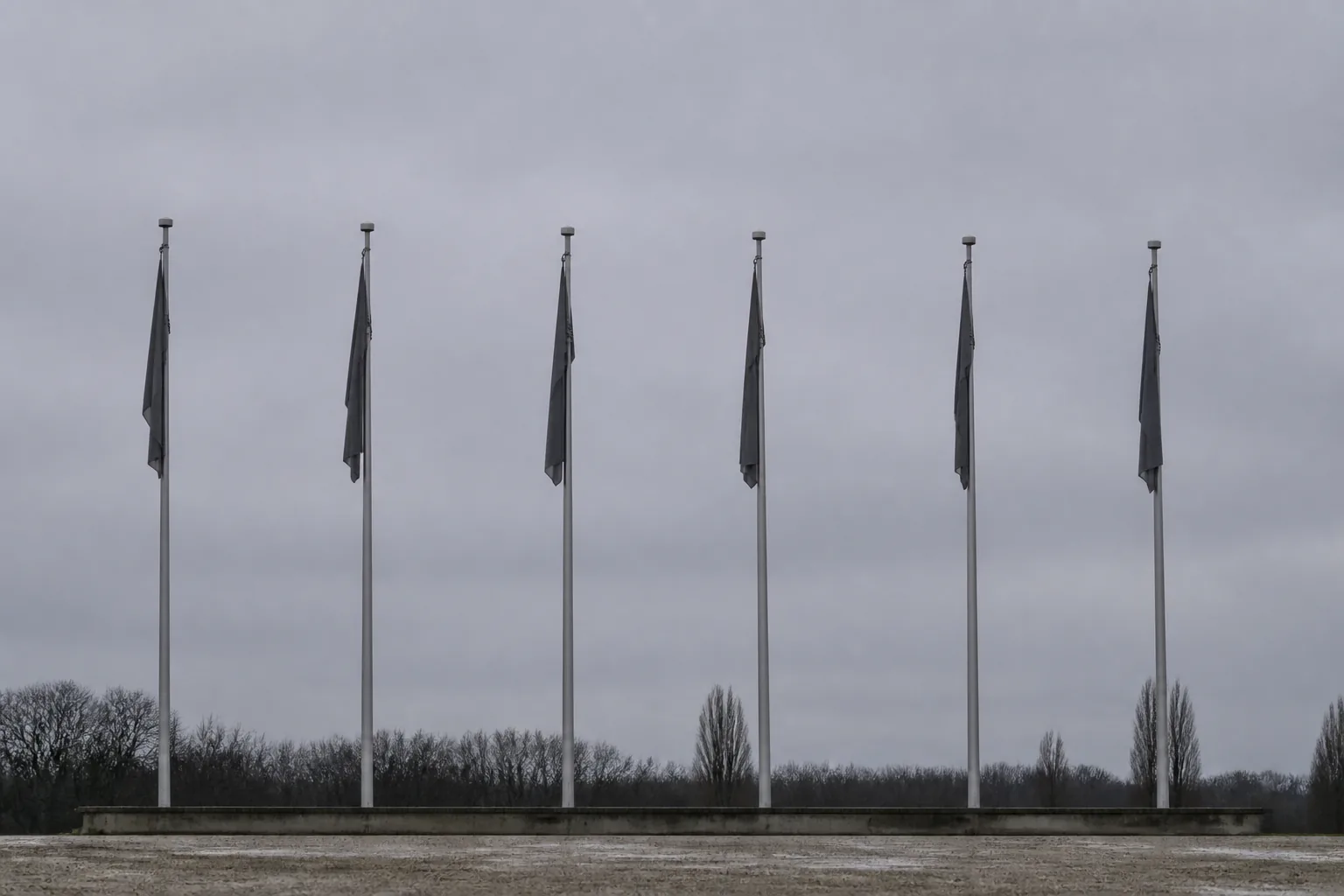 Six furled flags hanging from a row of flagpoles on a bare parade ground under grey overcast (AI-generated image)