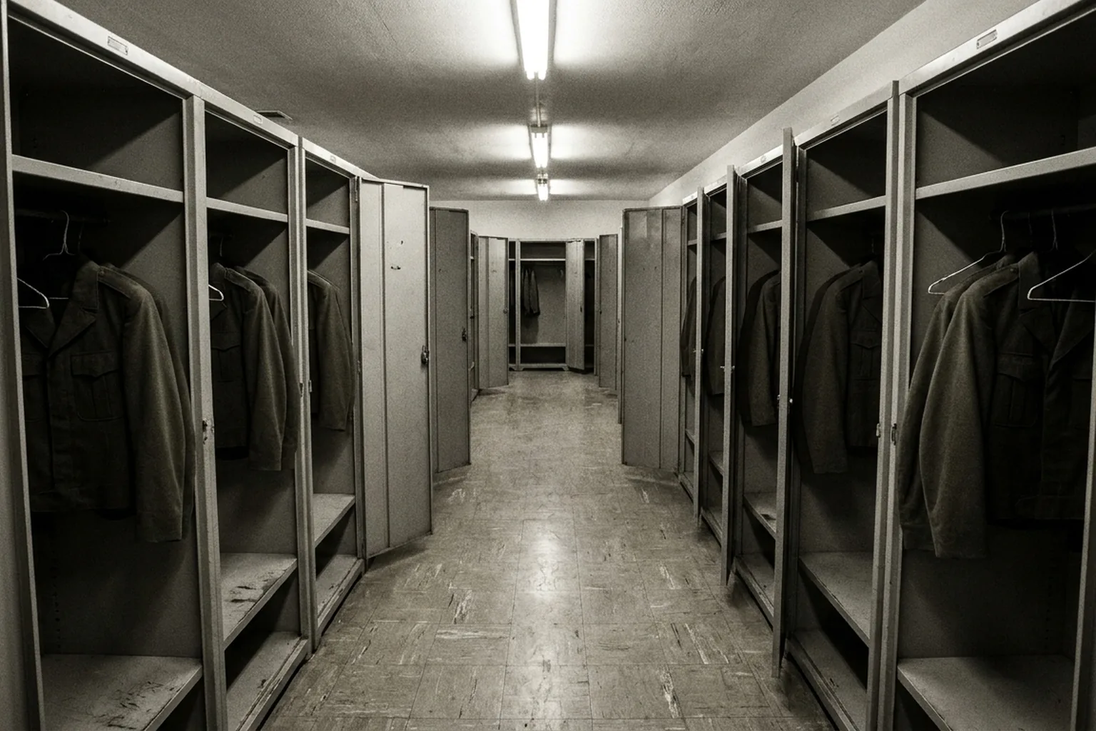 A monochrome corridor with two rows of open metal lockers holding dark jackets, receding on a tiled floor (AI-generated image)