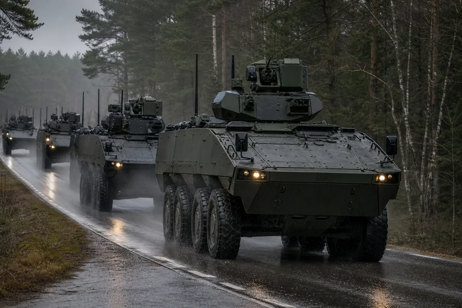 A column of armoured vehicles on a wet forest road in northern Europe under grey overcast (AI-generated image)