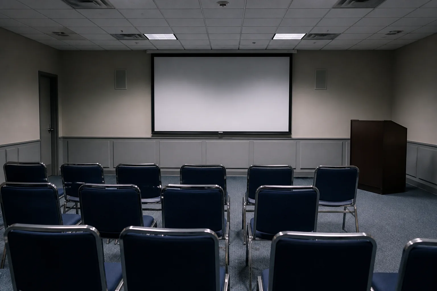 An empty briefing room after a briefing: stacking chairs facing a blank projection screen (AI-generated image)