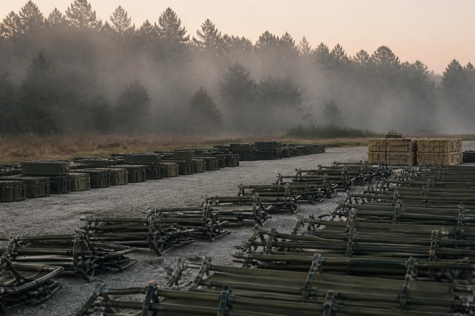 A brigade staging area at first light: folded cot frames and stacked crates on gravel, mist in the treeline (AI-generated image)