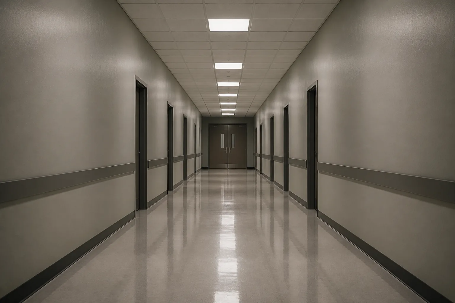 A long institutional corridor with a polished floor and closed double doors at the end (AI-generated image)