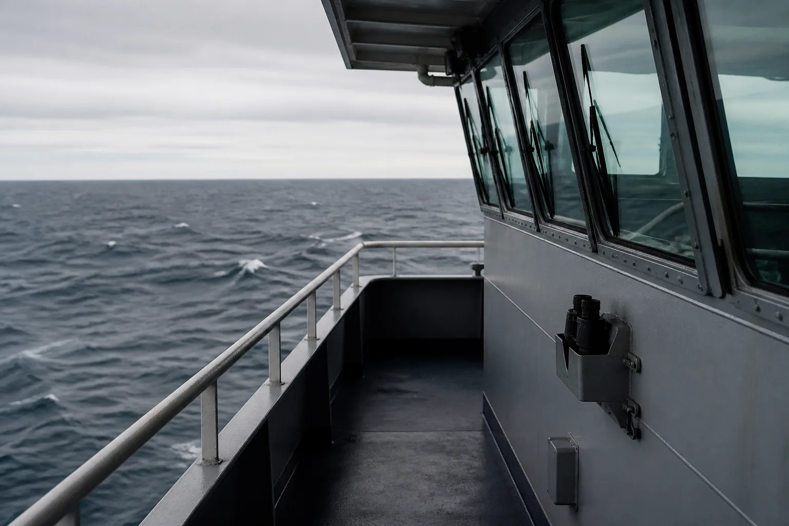 A ship's bridge wing at sea, empty, binoculars in a bracket and grey swell beyond (AI-generated image)