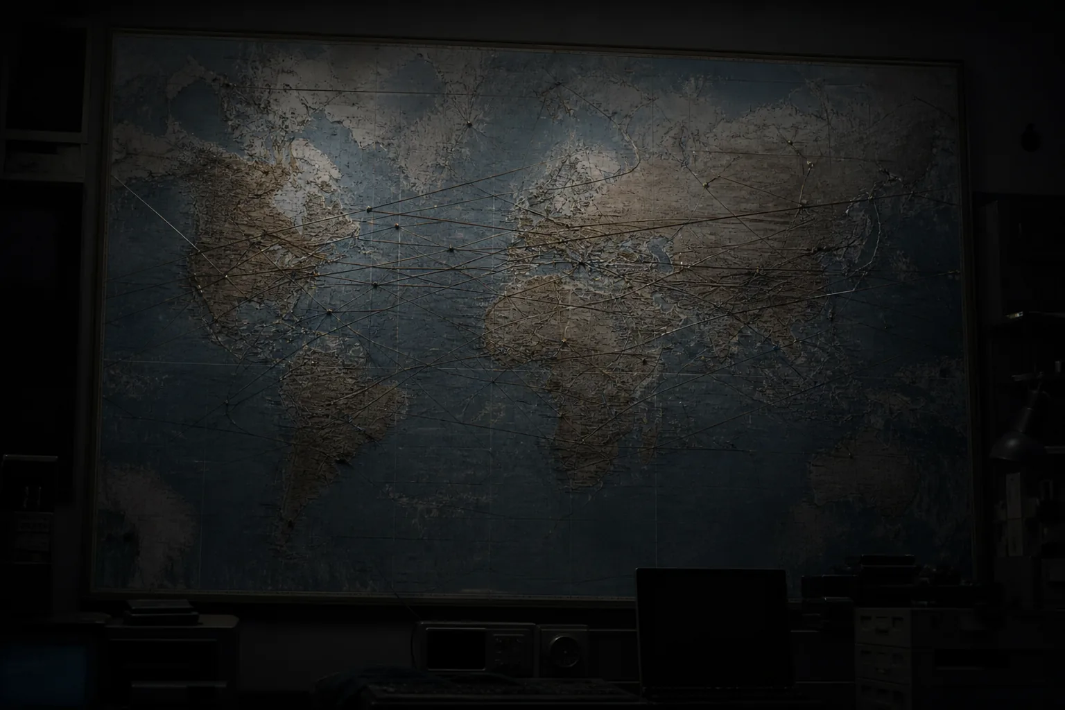 A large wall map of the world under low room lighting, consoles dark below it (AI-generated image)
