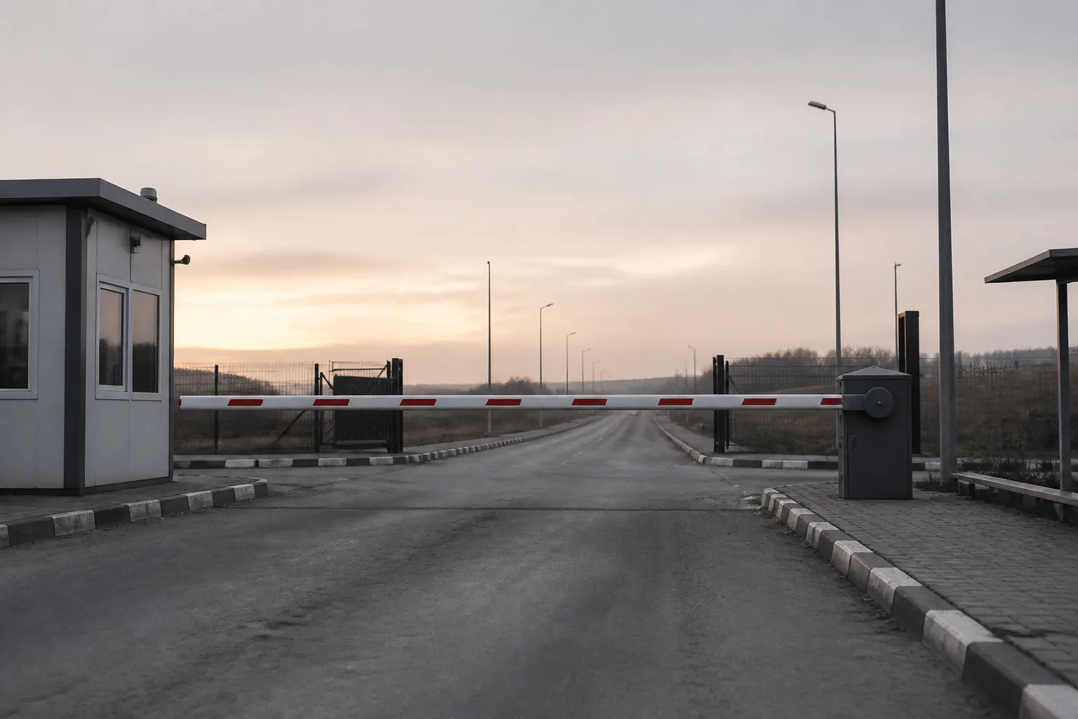A border crossing barrier lowered across an empty road at dawn under flat grey light (AI-generated image)