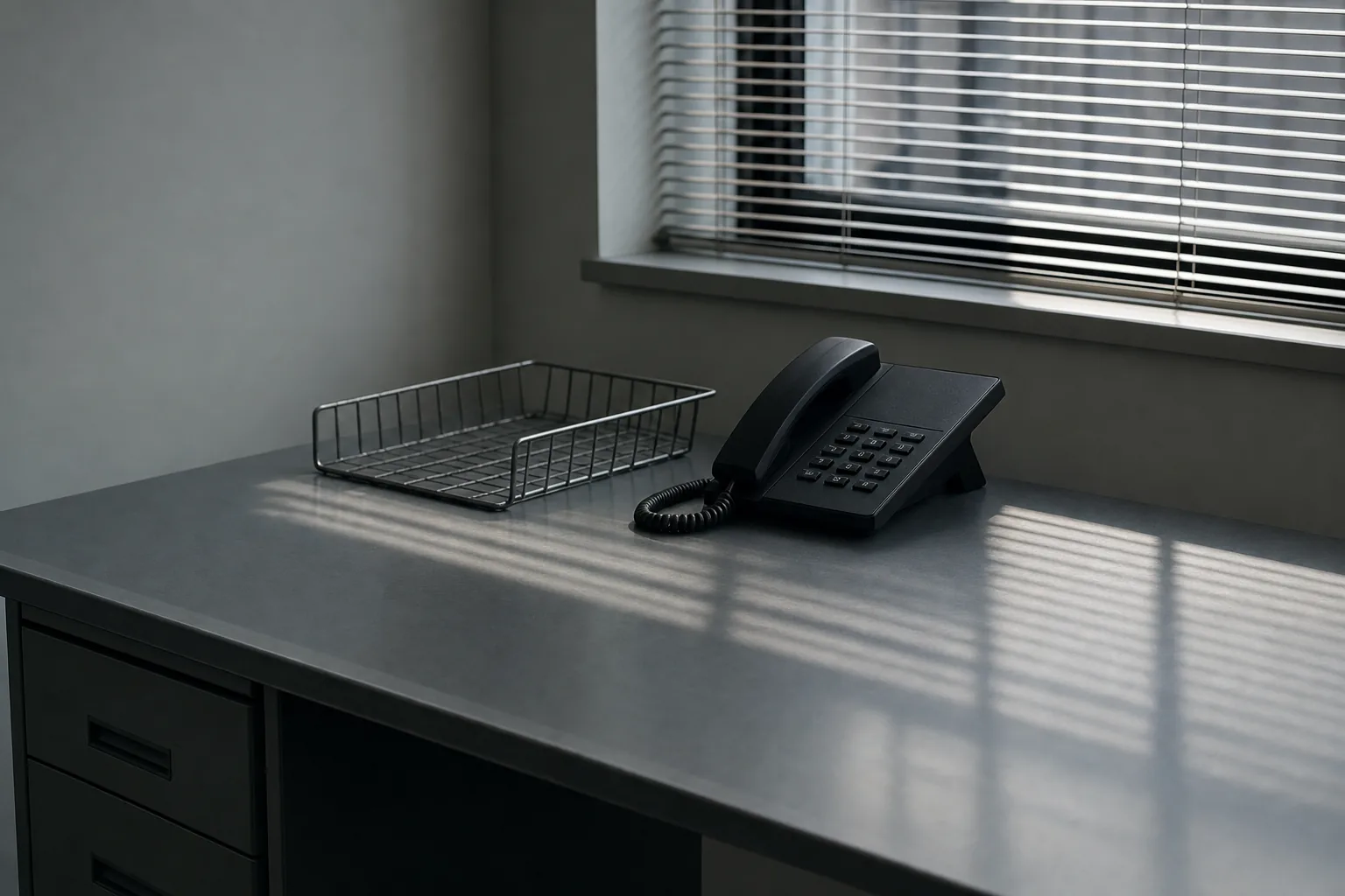 An empty metal in-tray and a plain black desk telephone on a grey steel office desk beneath a window, shadow bars from the blind falling across the bare surface (AI-generated image)