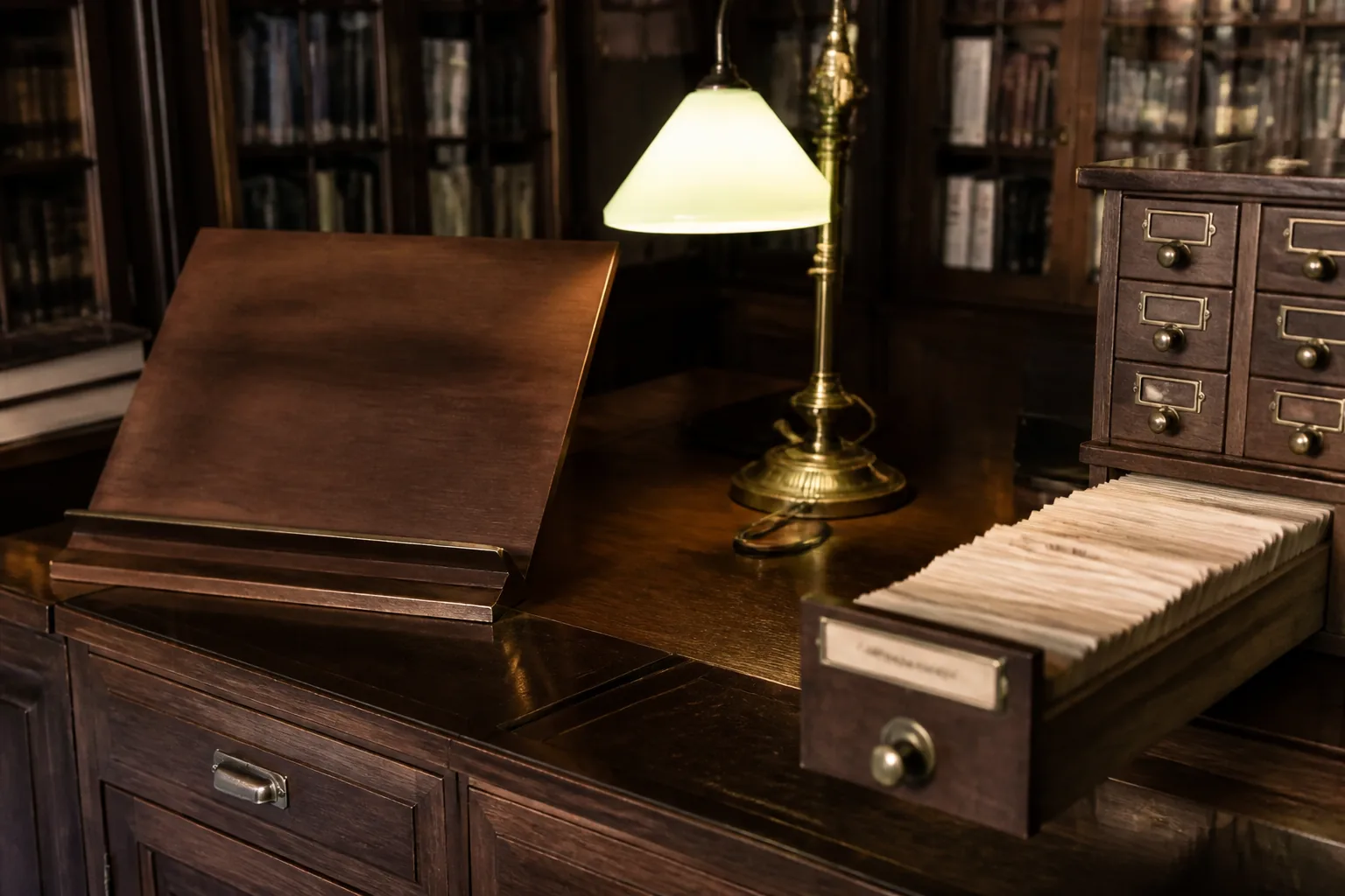 A library reference desk with an angled reading stand, an open card index drawer and a lit lamp (AI-generated image)