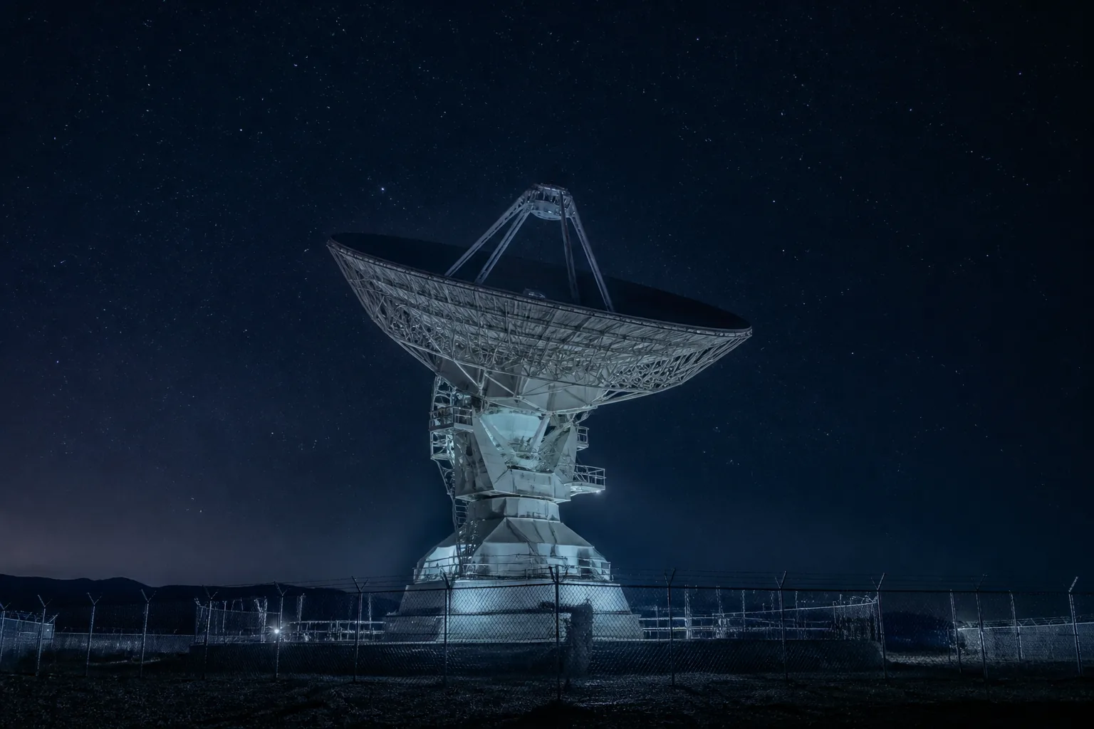A large satellite ground-station antenna dish floodlit at night under a starfield (AI-generated image)