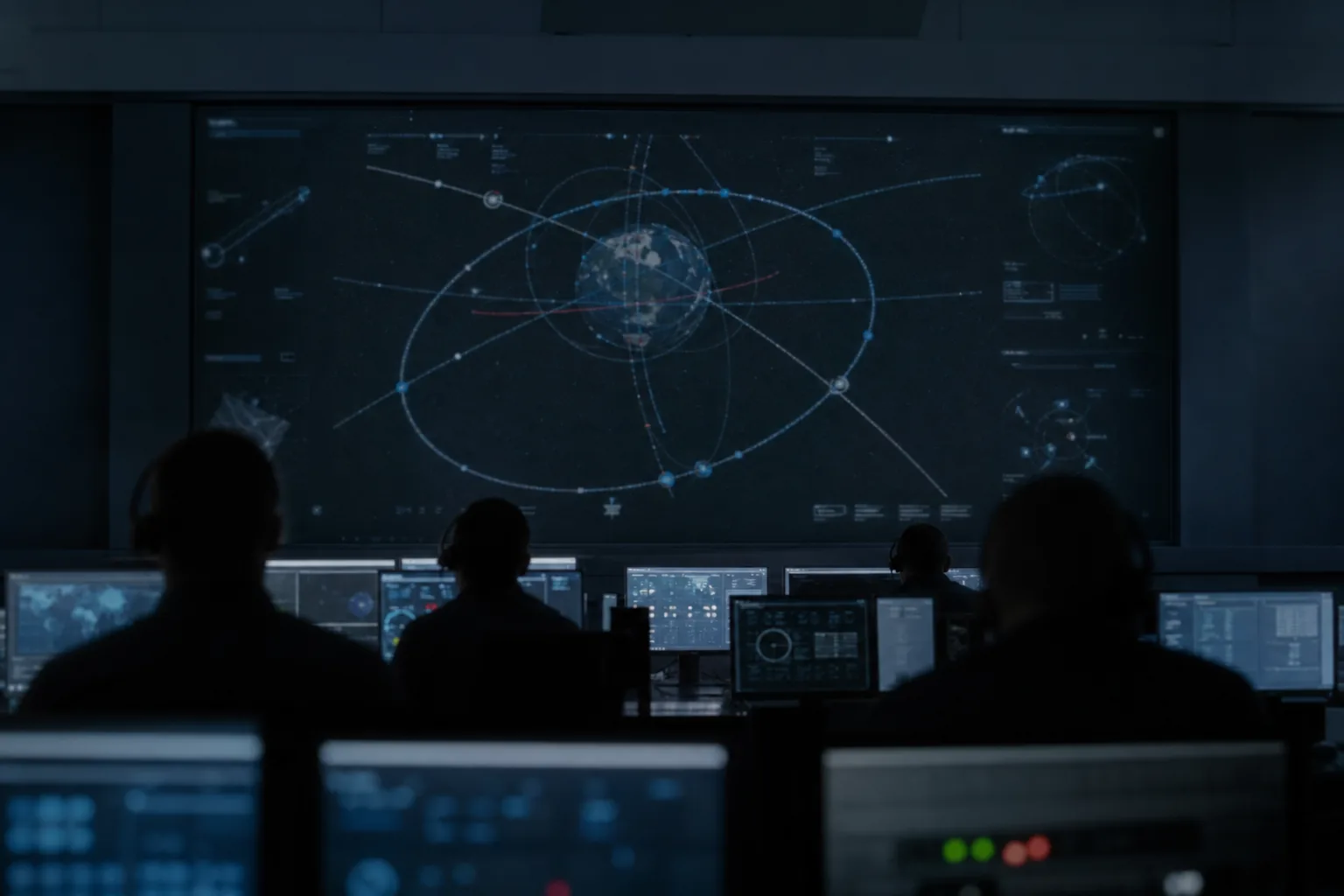 A dim satellite operations centre, consoles facing a large dark wall display of orbital traces (AI-generated image)