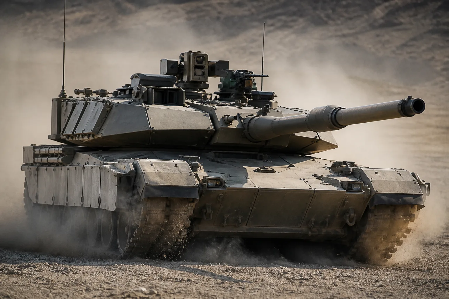 A main battle tank on a dusty training range, dust rising around its tracks (AI-generated image)