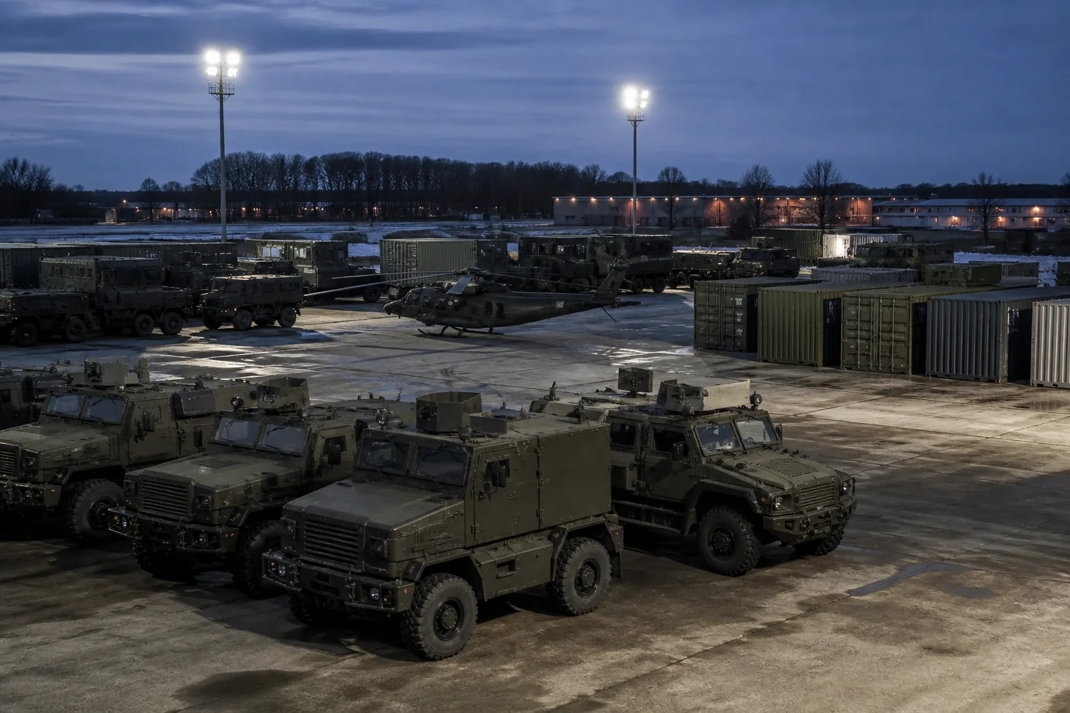A military equipment park at dusk: rows of armoured vehicles, a helicopter and containers under floodlights (AI-generated image)
