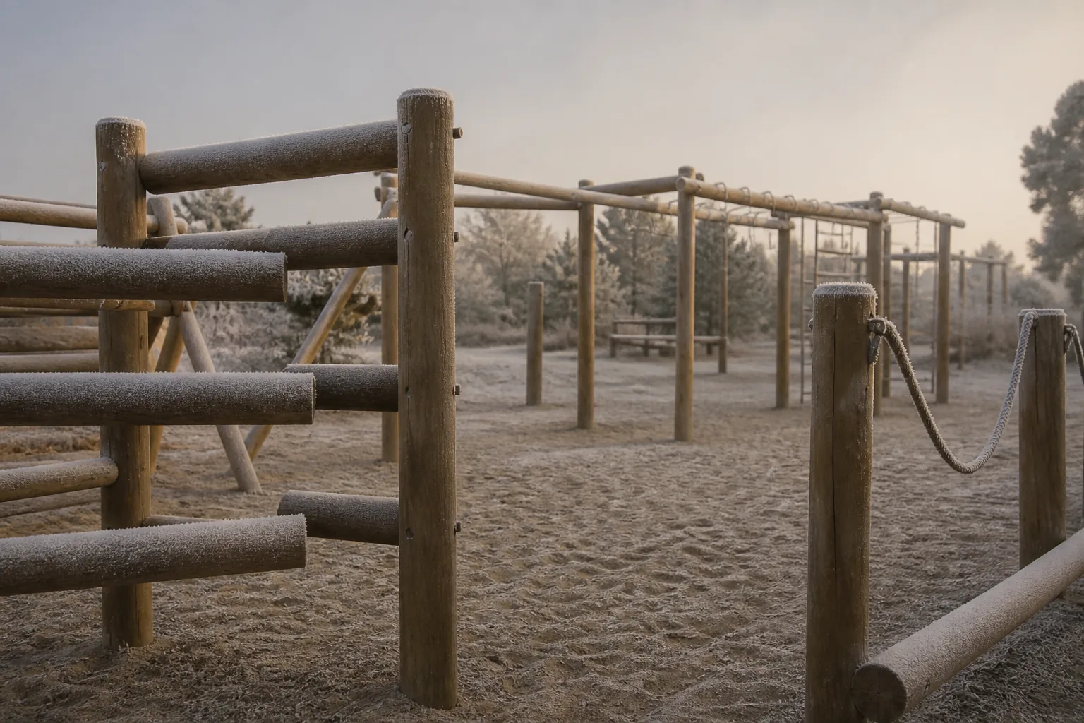 An obstacle course at dawn: timber climbing frames and a rope traverse over sand, frost on the beams (AI-generated image)