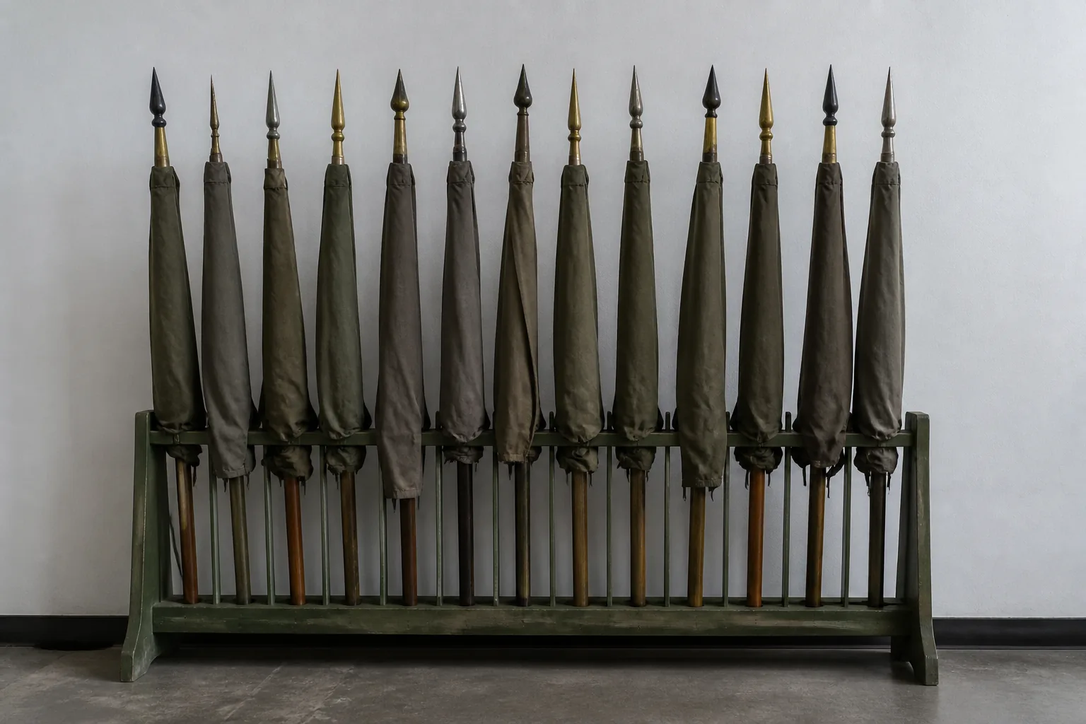 A row of unit guidons in canvas covers standing in a rack against a bare wall (AI-generated image)