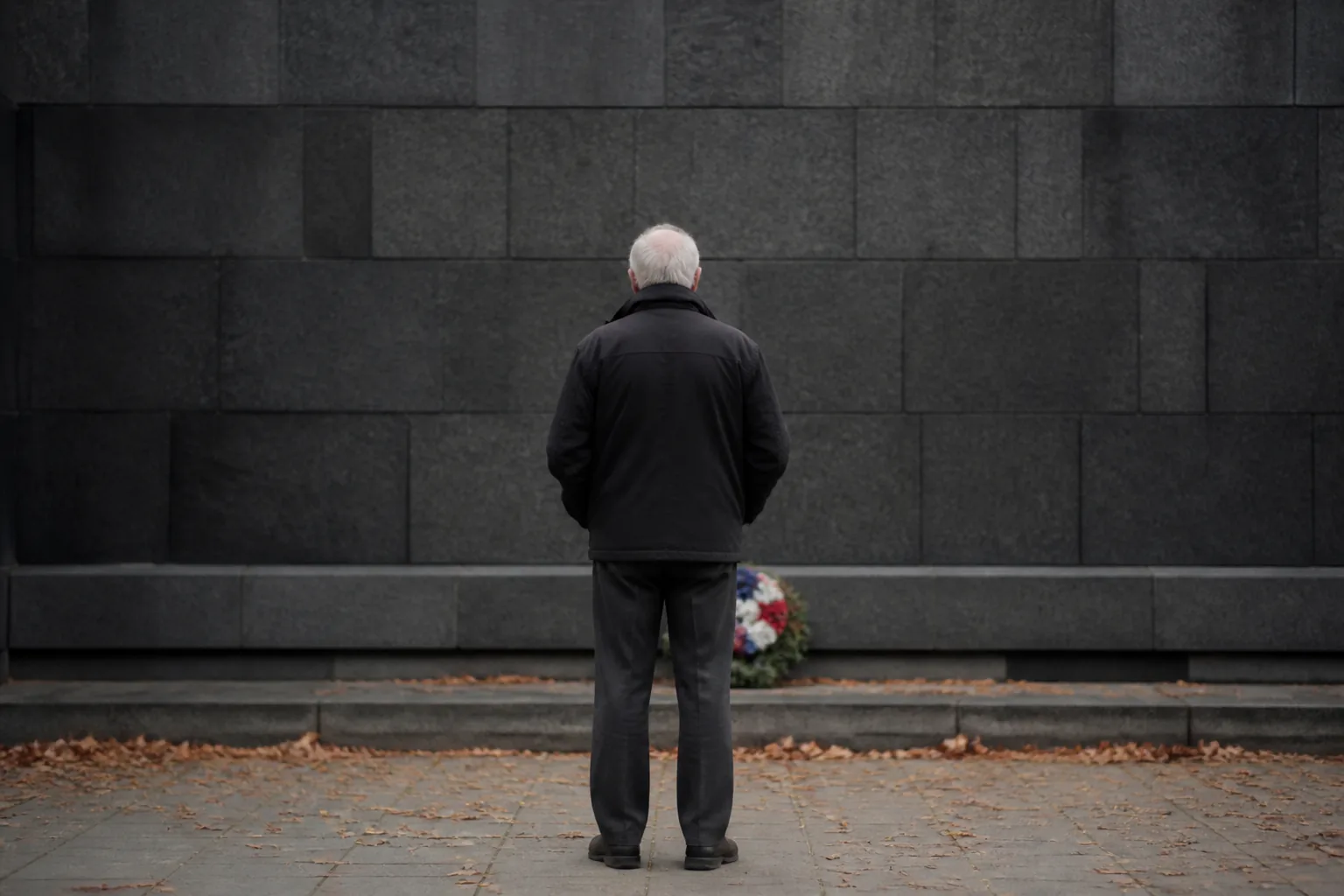 An older man in a civilian jacket standing alone before a granite memorial wall, seen from behind (AI-generated image)