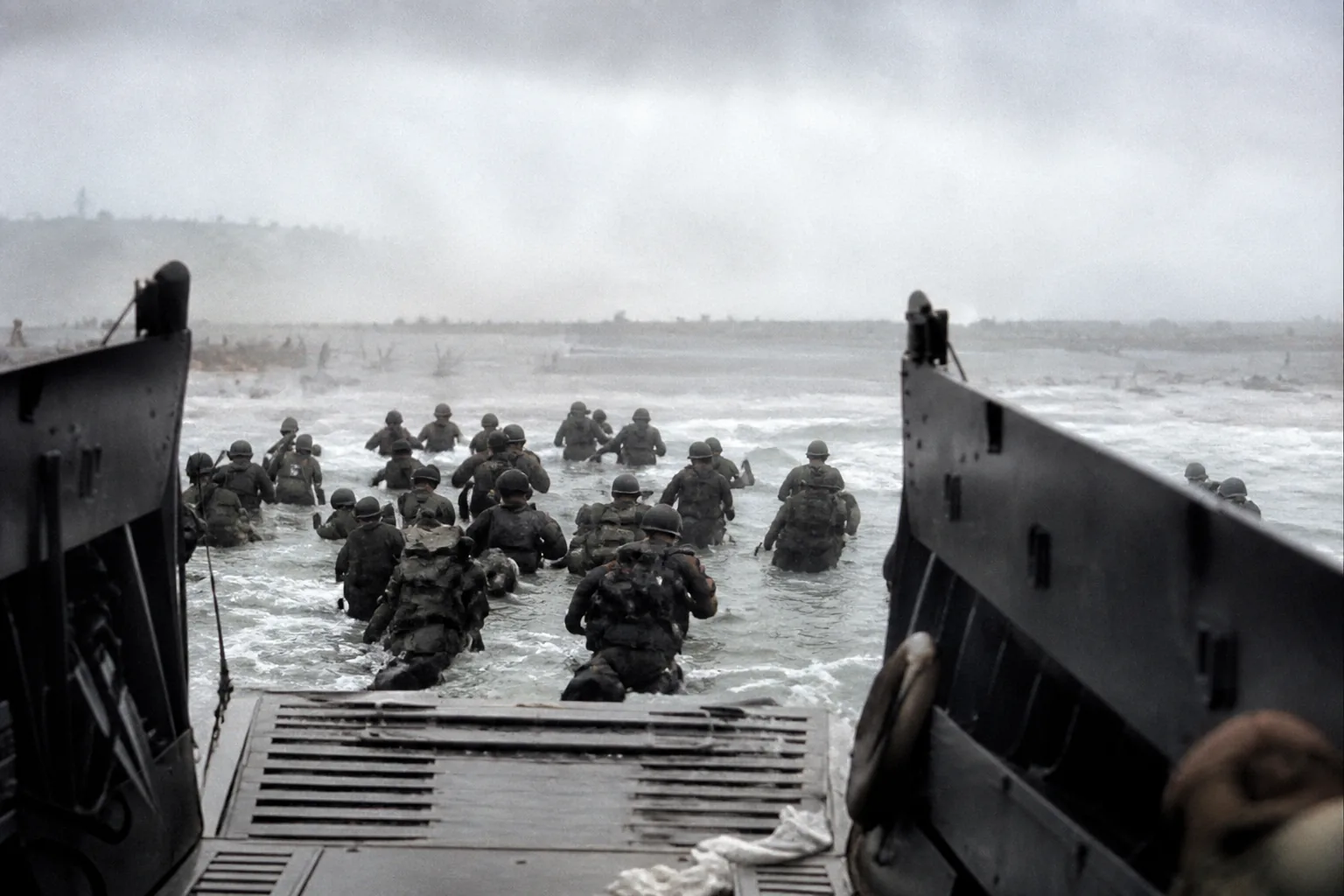 Soldiers wading ashore from a landing craft toward a grey beach under an overcast sky (AI-generated image)