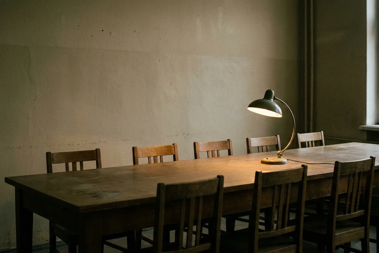 Long wooden table with multiple chairs and a lit dark green desk lamp illuminating its surface, set against a plain beige wall (AI-generated image)