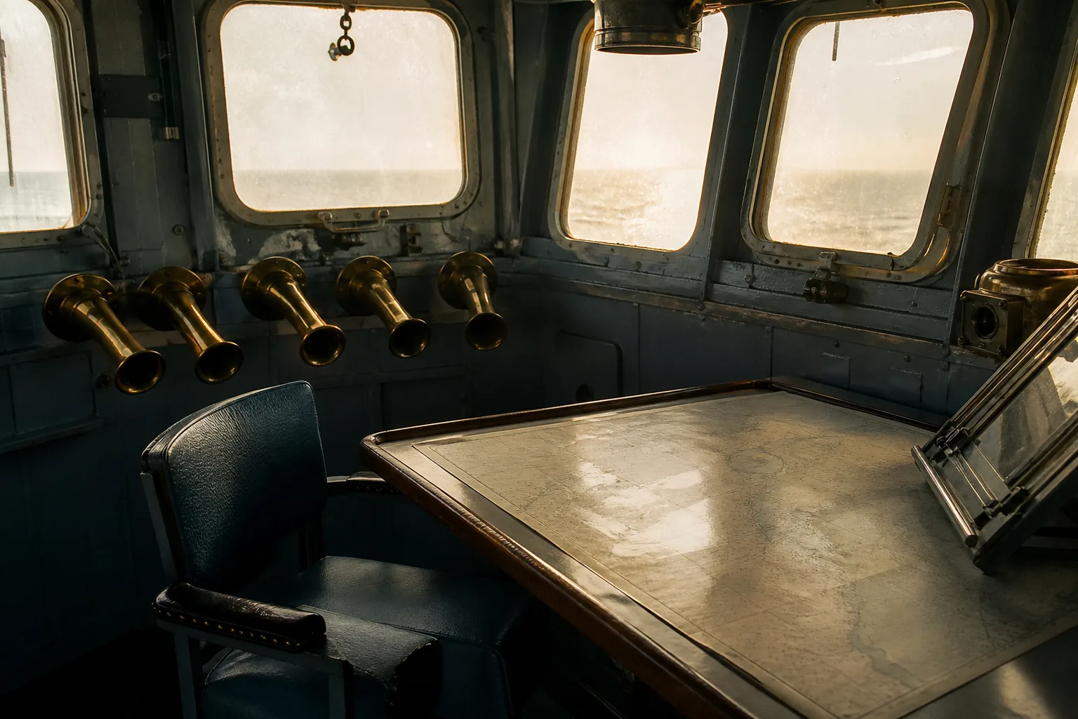 A warship flag bridge of the 1940s: brass voice pipes, a chart table and an empty chair (AI-generated image)