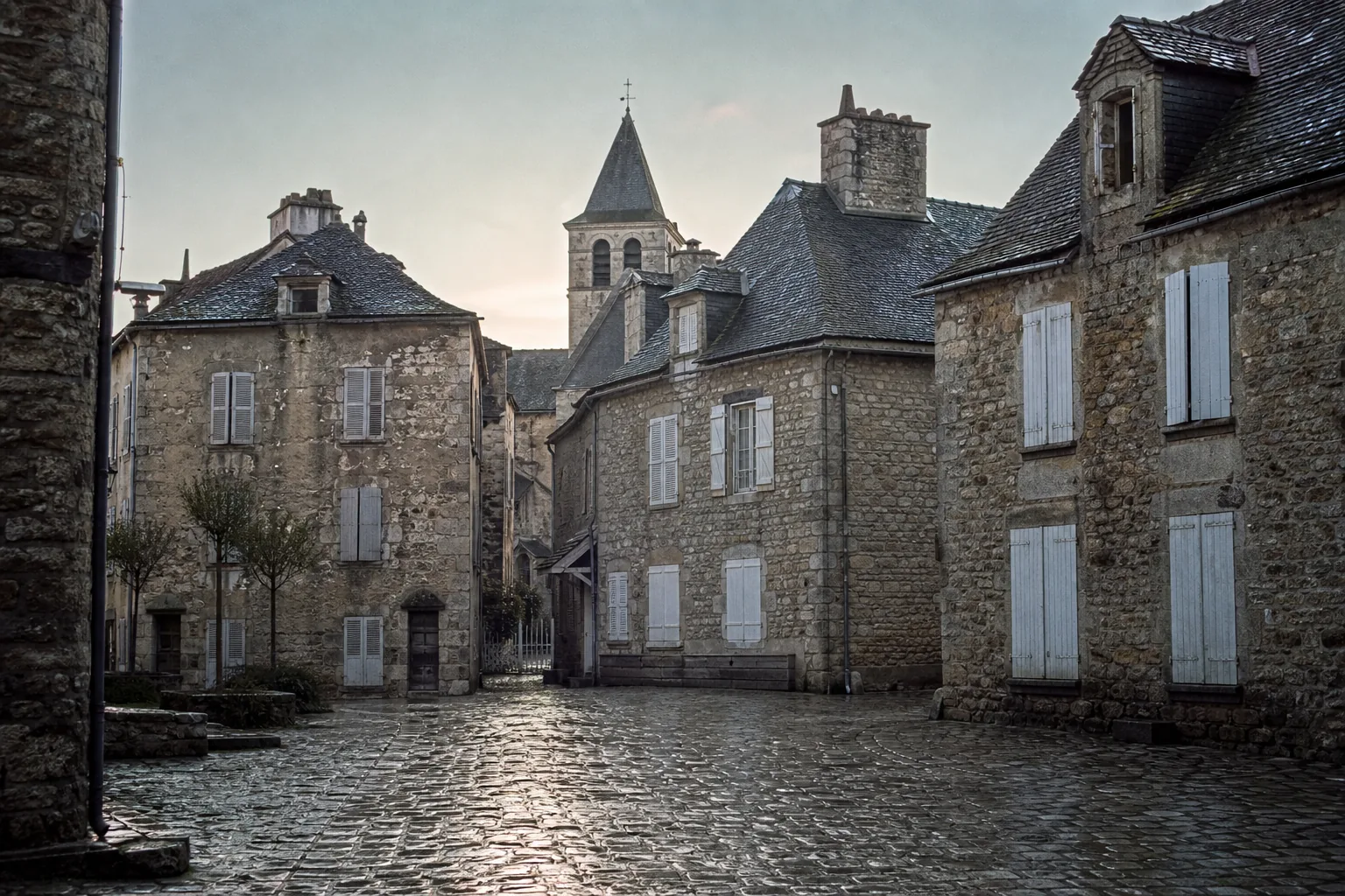 A French village square at dawn, cobbles wet, shuttered stone buildings and a church tower beyond (AI-generated image)