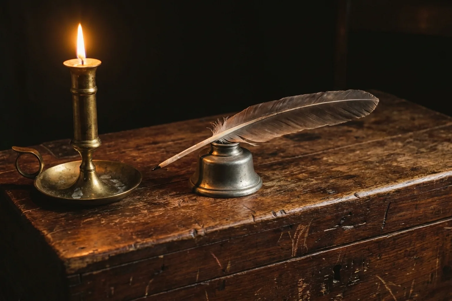 A burning candle in a brass holder and a quill pen in a pewter inkwell on a dark, worn wooden surface (AI-generated image)