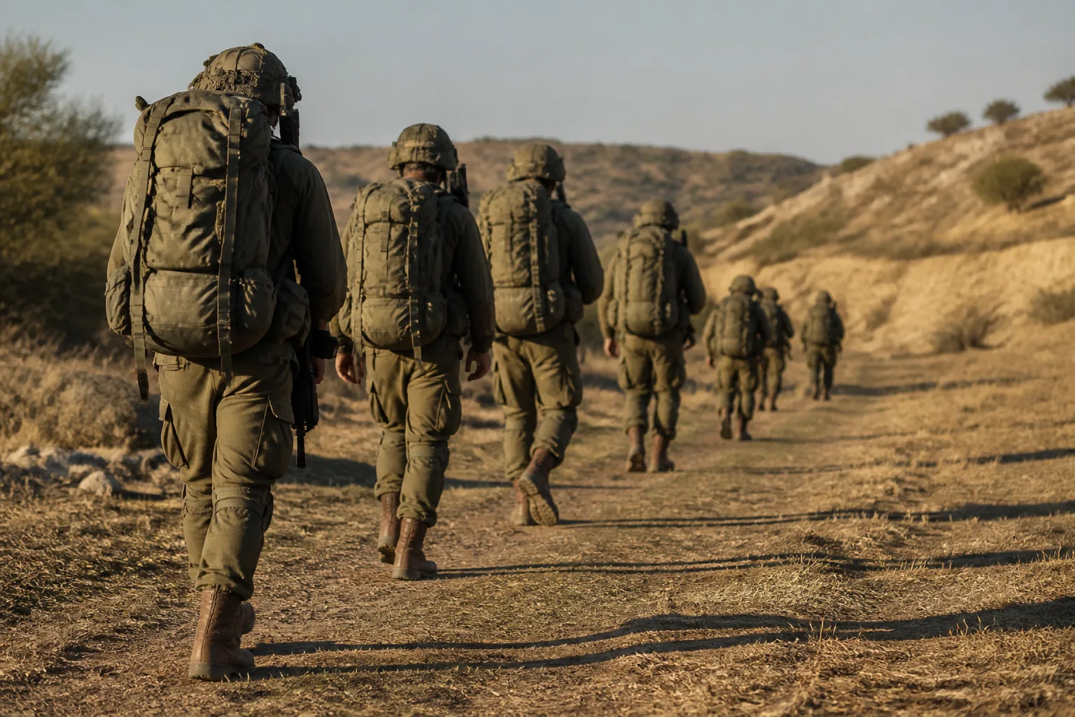An infantry squad moving in file across dry open ground with heavy packs, seen from behind in afternoon light (AI-generated image)
