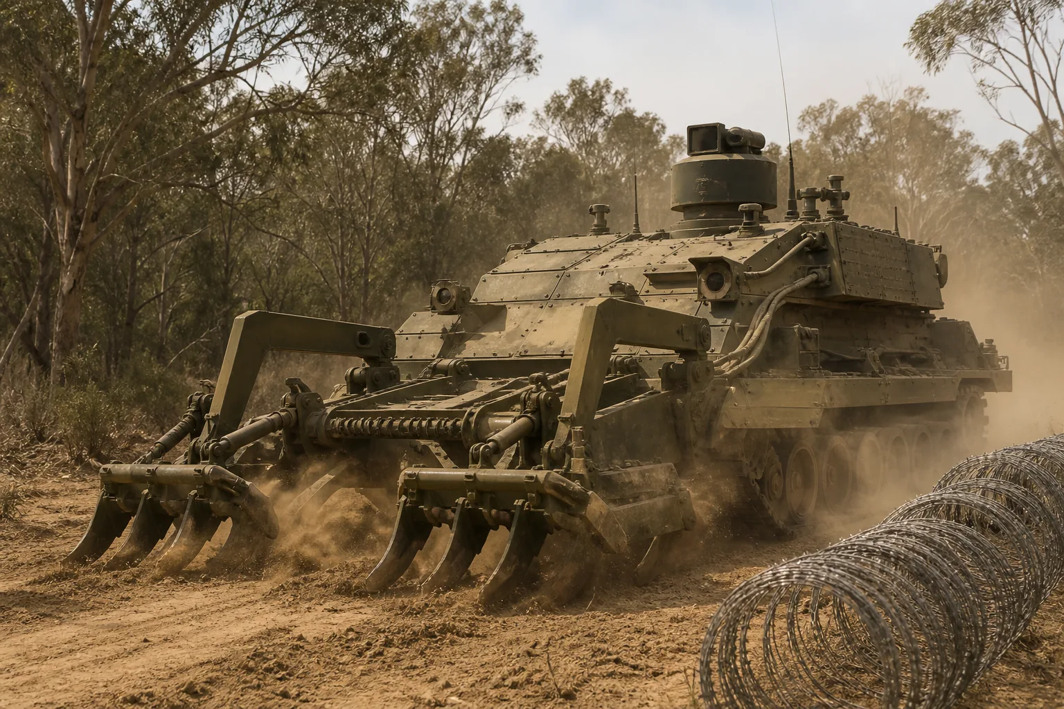 An armoured engineer vehicle with a mine plough on a dirt track, coils of concertina wire stacked beside it (AI-generated image)