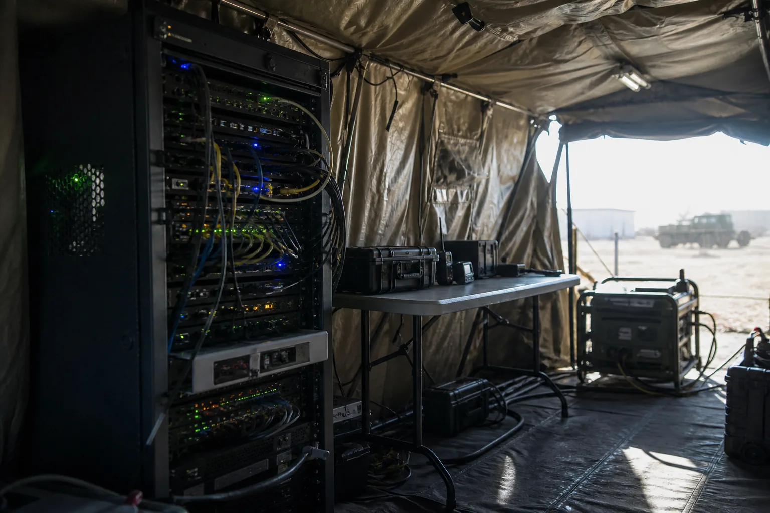 A rack of field networking equipment with patch cables and status lights inside a tent (AI-generated image)