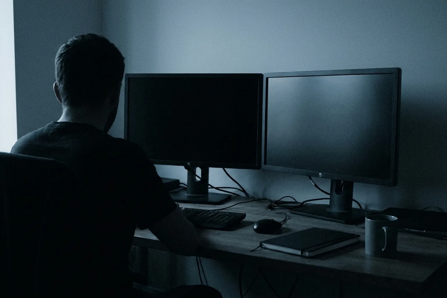 Silhouette of a person at a wooden desk with two dark computer monitors and a mug against a plain wall (AI-generated image)