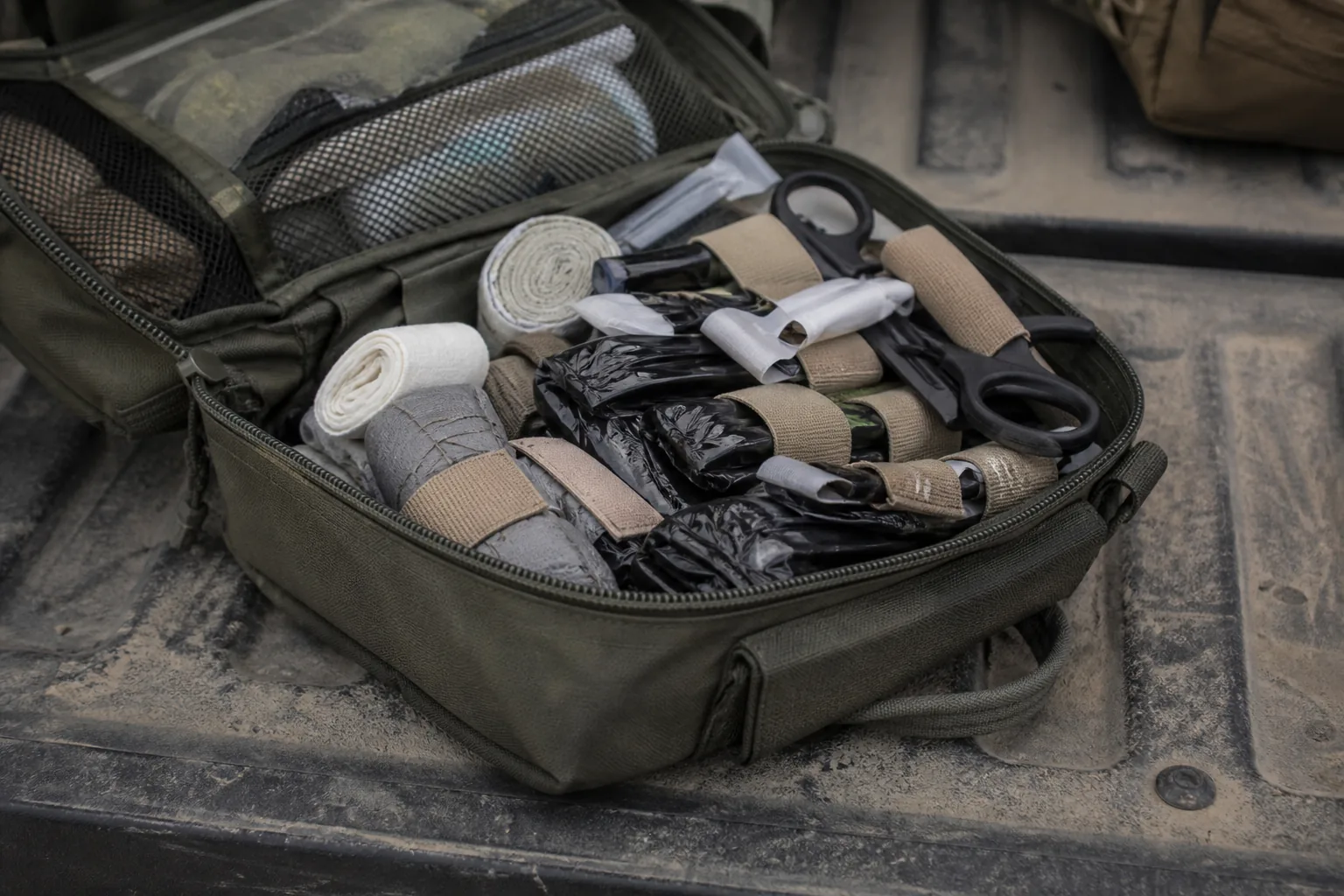 An open field medical bag on a dusty tailgate, tourniquets, dressings and shears visible inside (AI-generated image)