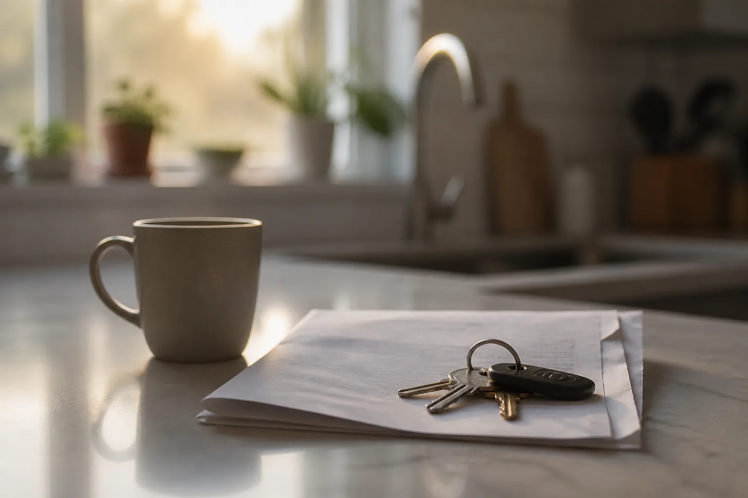A set of house keys and a folded lease on a kitchen counter beside an empty mug (AI-generated image)