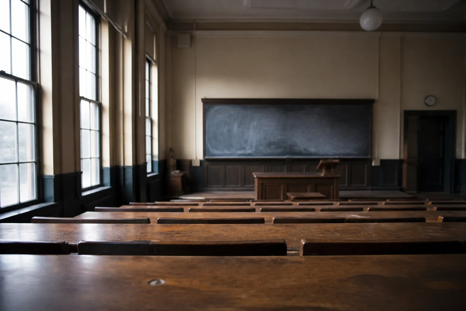 An empty university lecture room seen from the back row, tiered desks and tall windows (AI-generated image)