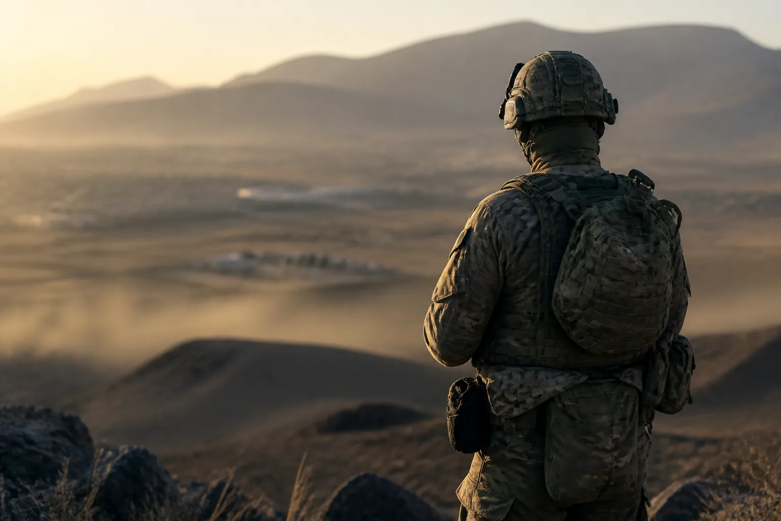 A soldier in multicam uniform and helmet on a ridge, looking out over an arid valley at dusk (AI-generated image)